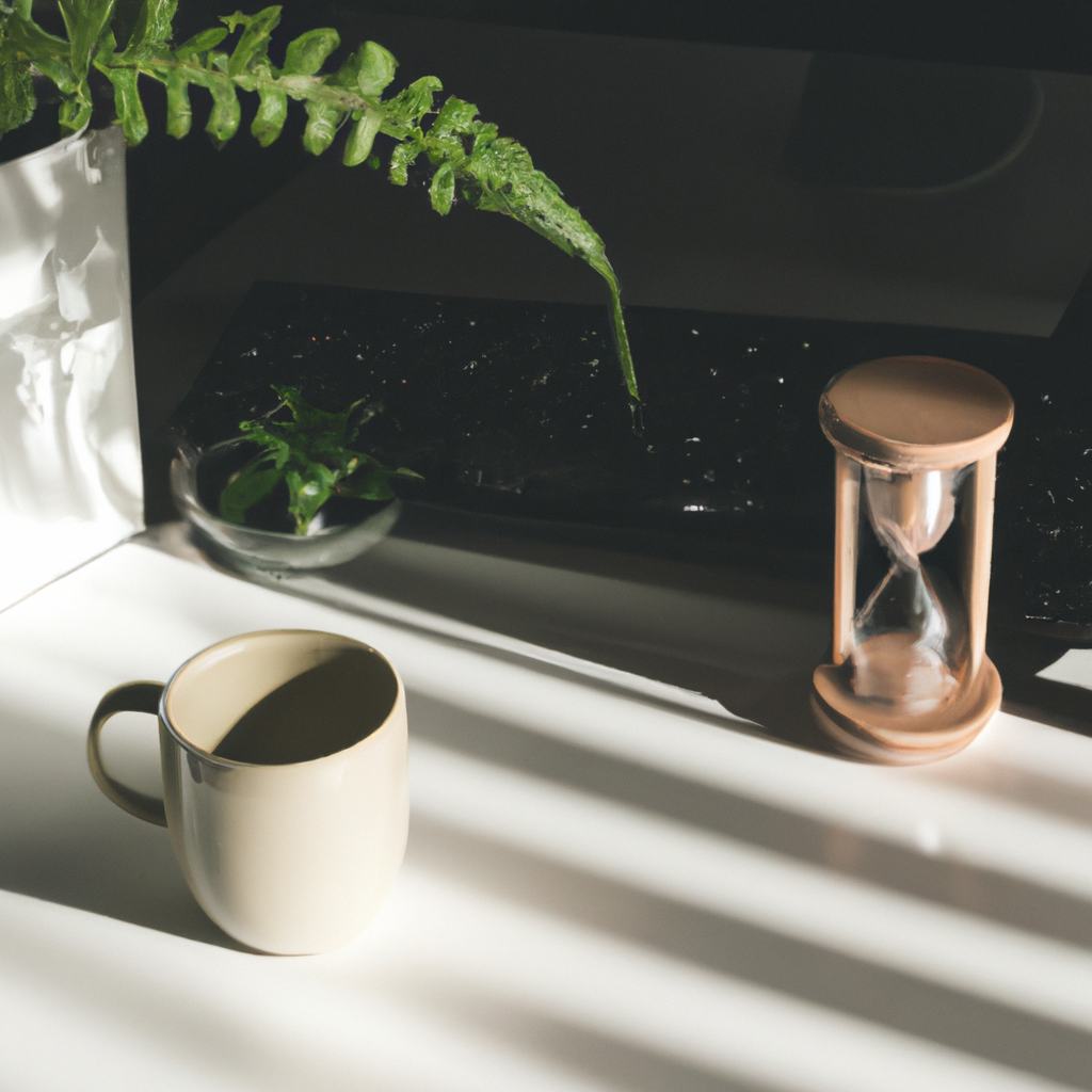 A calm minimalist workspace with an hourglass and laptop symbolizing time mastery